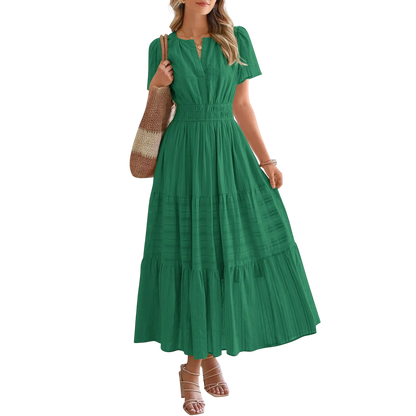 Women's Summer 2026 Casual Maxi Dress Lightweight Short Sleeve V Neck Boho Dress with Pockets