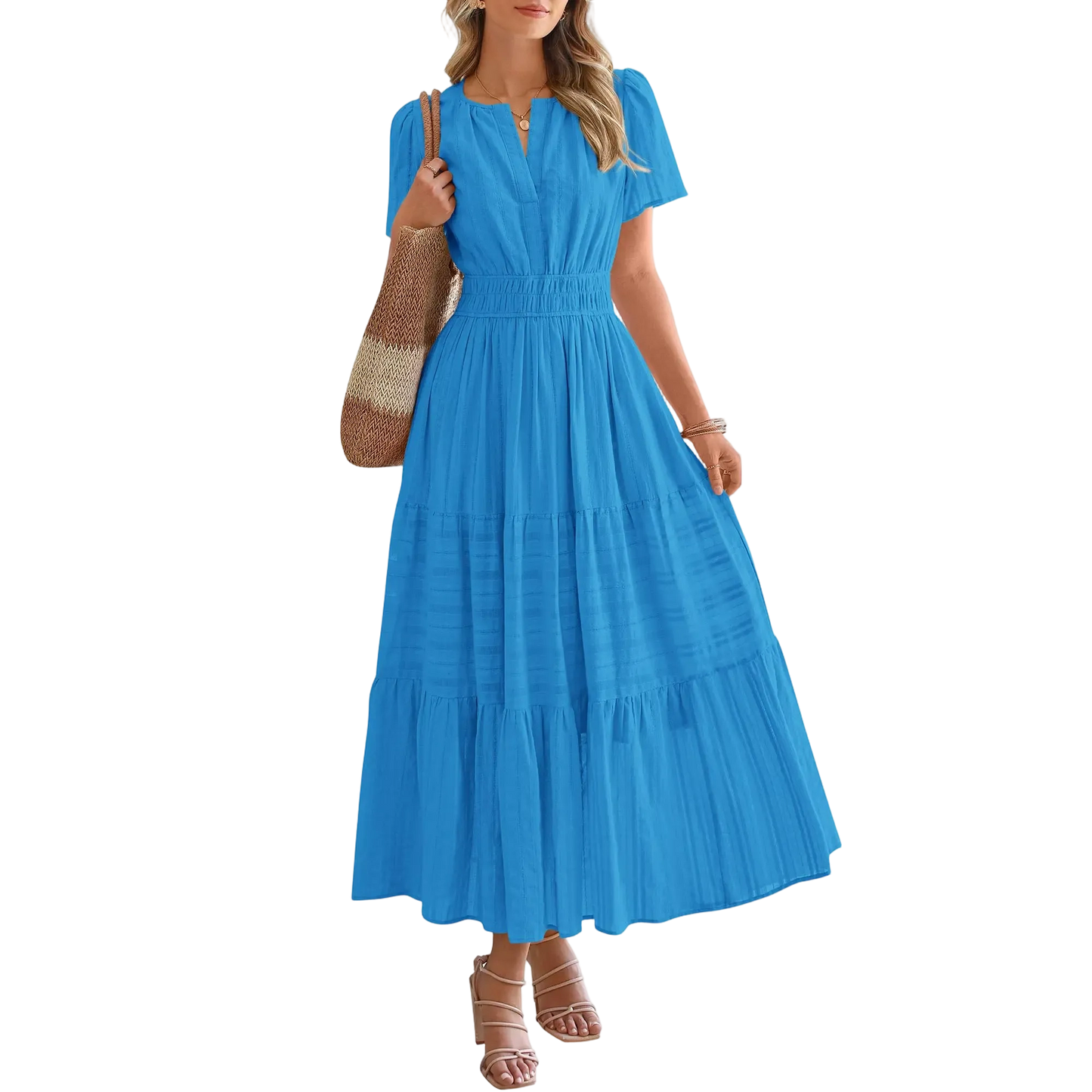 Women's Summer 2026 Casual Maxi Dress Lightweight Short Sleeve V Neck Boho Dress with Pockets