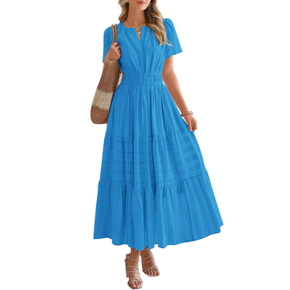 Women's Summer 2026 Casual Maxi Dress Lightweight Short Sleeve V Neck Boho Dress with Pockets