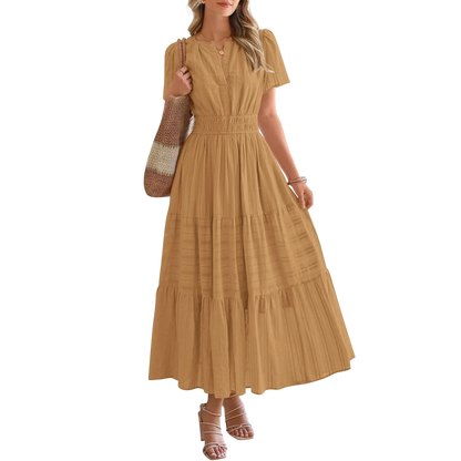 Women's Summer 2026 Casual Maxi Dress Lightweight Short Sleeve V Neck Boho Dress with Pockets