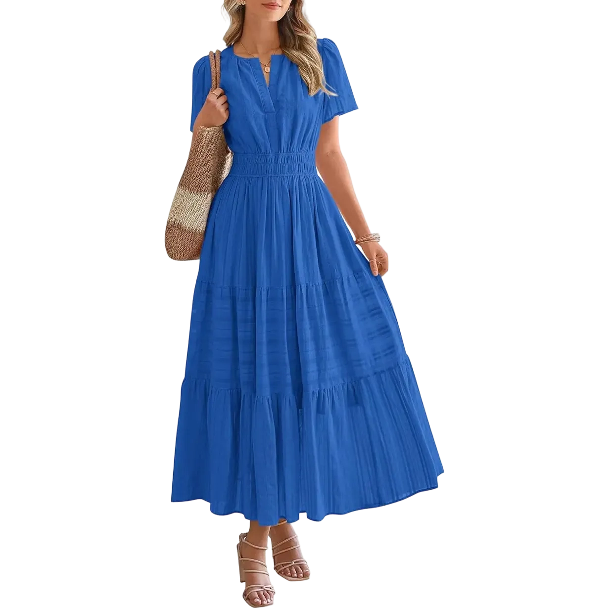 Women's Summer 2026 Casual Maxi Dress Lightweight Short Sleeve V Neck Boho Dress with Pockets