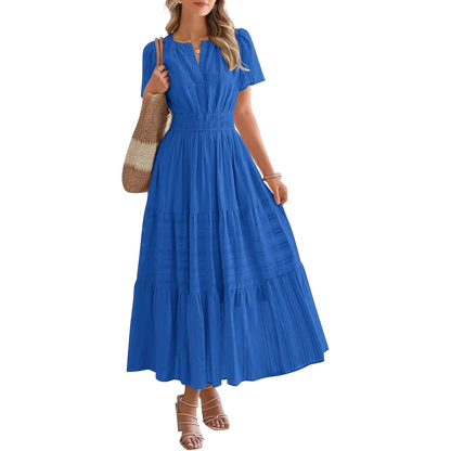 Women's Summer 2026 Casual Maxi Dress Lightweight Short Sleeve V Neck Boho Dress with Pockets