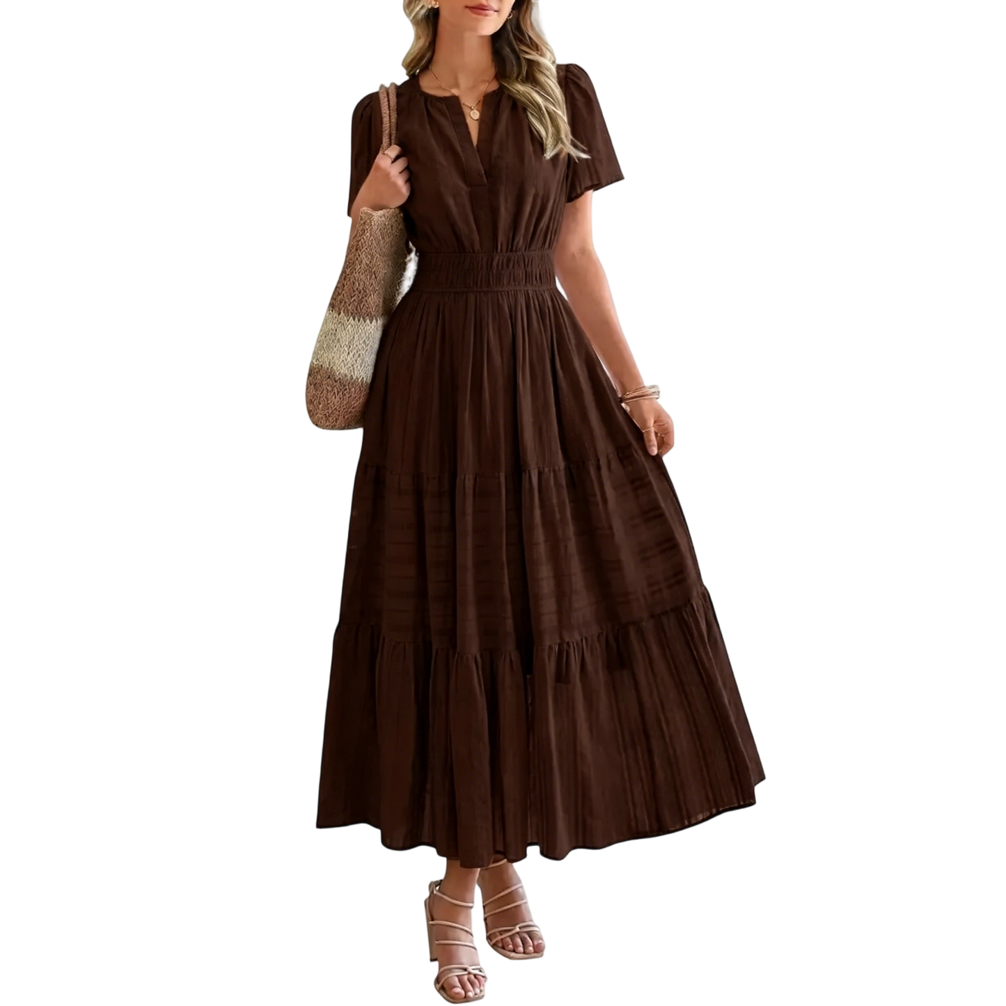 Women's Summer 2026 Casual Maxi Dress Lightweight Short Sleeve V Neck Boho Dress with Pockets