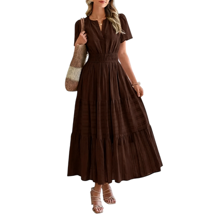 Women's Summer 2026 Casual Maxi Dress Lightweight Short Sleeve V Neck Boho Dress with Pockets