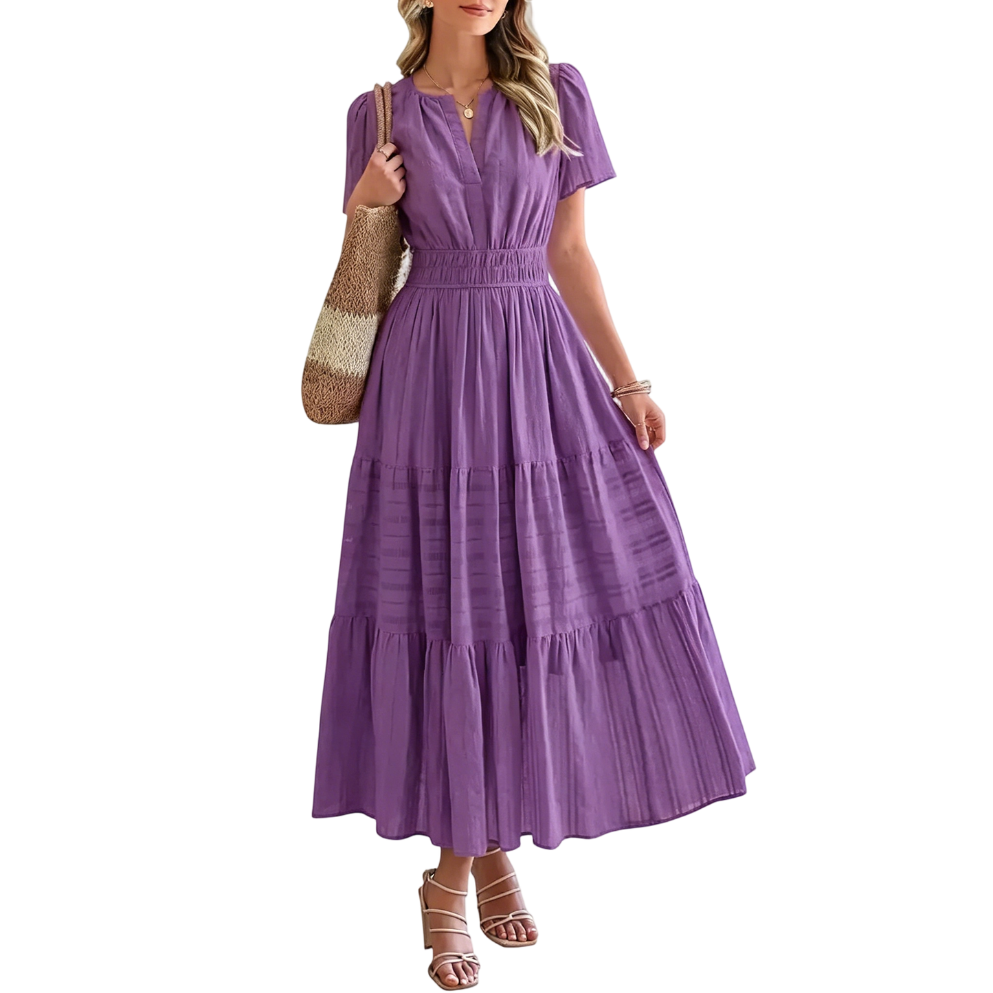 Women's Summer 2026 Casual Maxi Dress Lightweight Short Sleeve V Neck Boho Dress with Pockets