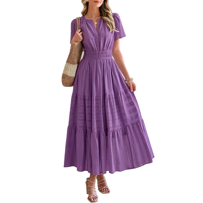 Women's Summer 2026 Casual Maxi Dress Lightweight Short Sleeve V Neck Boho Dress with Pockets