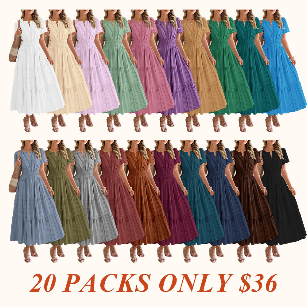 Women's Summer 2026 Casual Maxi Dress Lightweight Short Sleeve V Neck Boho Dress with Pockets