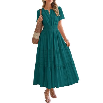 Women's Summer 2026 Casual Maxi Dress Lightweight Short Sleeve V Neck Boho Dress with Pockets
