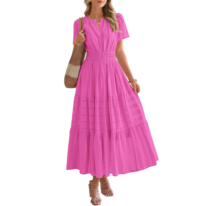 Women's Summer 2026 Casual Maxi Dress Lightweight Short Sleeve V Neck Boho Dress with Pockets