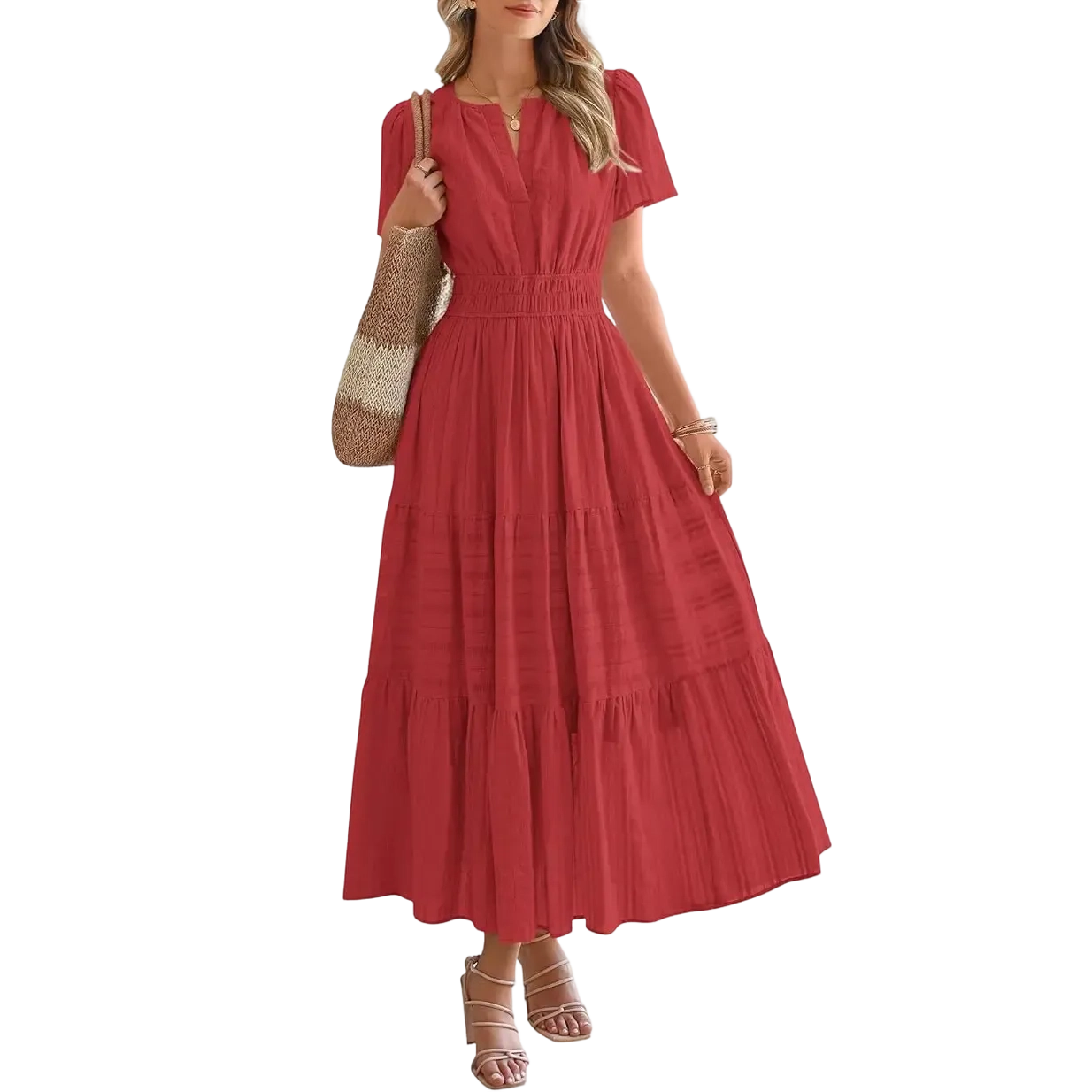 Women's Summer 2026 Casual Maxi Dress Lightweight Short Sleeve V Neck Boho Dress with Pockets