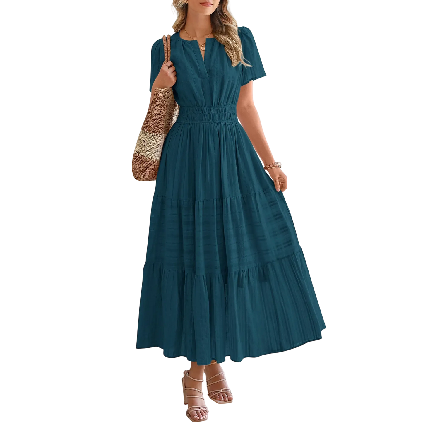 Women's Summer 2026 Casual Maxi Dress Lightweight Short Sleeve V Neck Boho Dress with Pockets