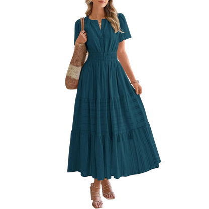 Women's Summer 2026 Casual Maxi Dress Lightweight Short Sleeve V Neck Boho Dress with Pockets