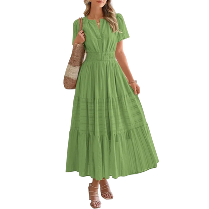 Women's Summer 2026 Casual Maxi Dress Lightweight Short Sleeve V Neck Boho Dress with Pockets