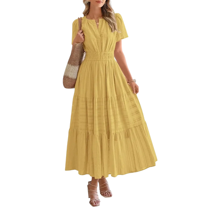 Women's Summer 2026 Casual Maxi Dress Lightweight Short Sleeve V Neck Boho Dress with Pockets