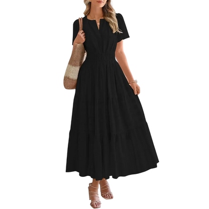 Women's Summer 2026 Casual Maxi Dress Lightweight Short Sleeve V Neck Boho Dress with Pockets