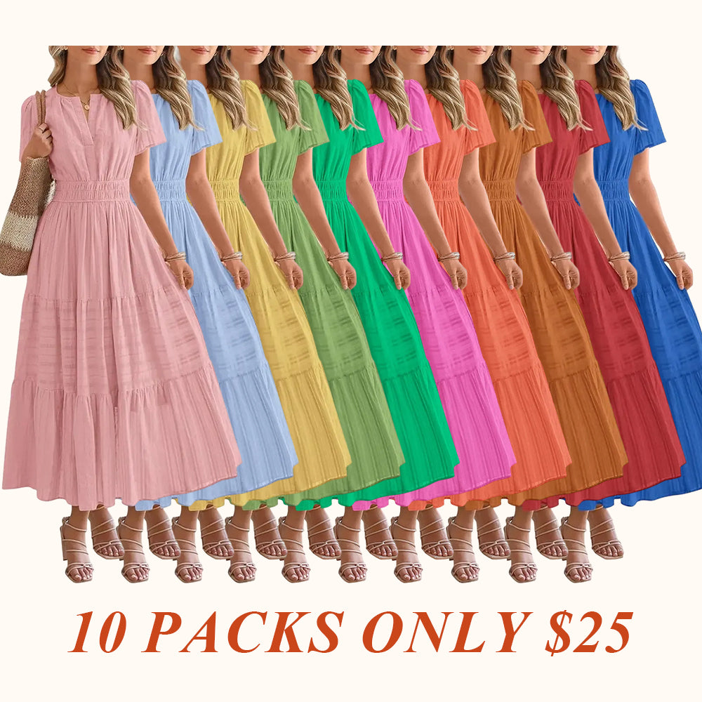 Women's Summer 2026 Casual Maxi Dress Lightweight Short Sleeve V Neck Boho Dress with Pockets