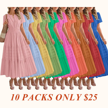 Women's Summer 2026 Casual Maxi Dress Lightweight Short Sleeve V Neck Boho Dress with Pockets