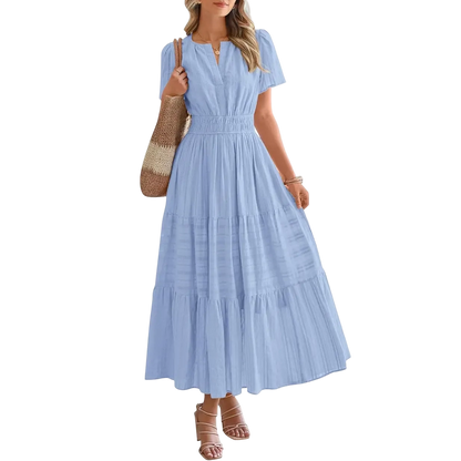 Women's Summer 2026 Casual Maxi Dress Lightweight Short Sleeve V Neck Boho Dress with Pockets