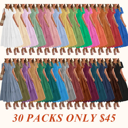 Women's Summer 2026 Casual Maxi Dress Lightweight Short Sleeve V Neck Boho Dress with Pockets