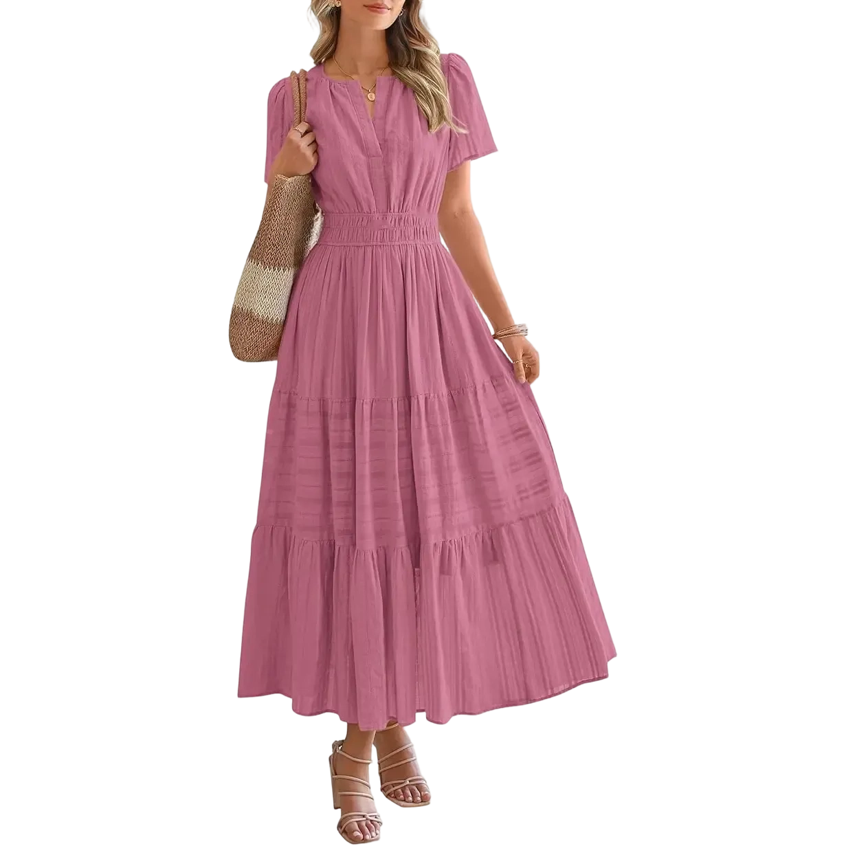 Women's Summer 2026 Casual Maxi Dress Lightweight Short Sleeve V Neck Boho Dress with Pockets