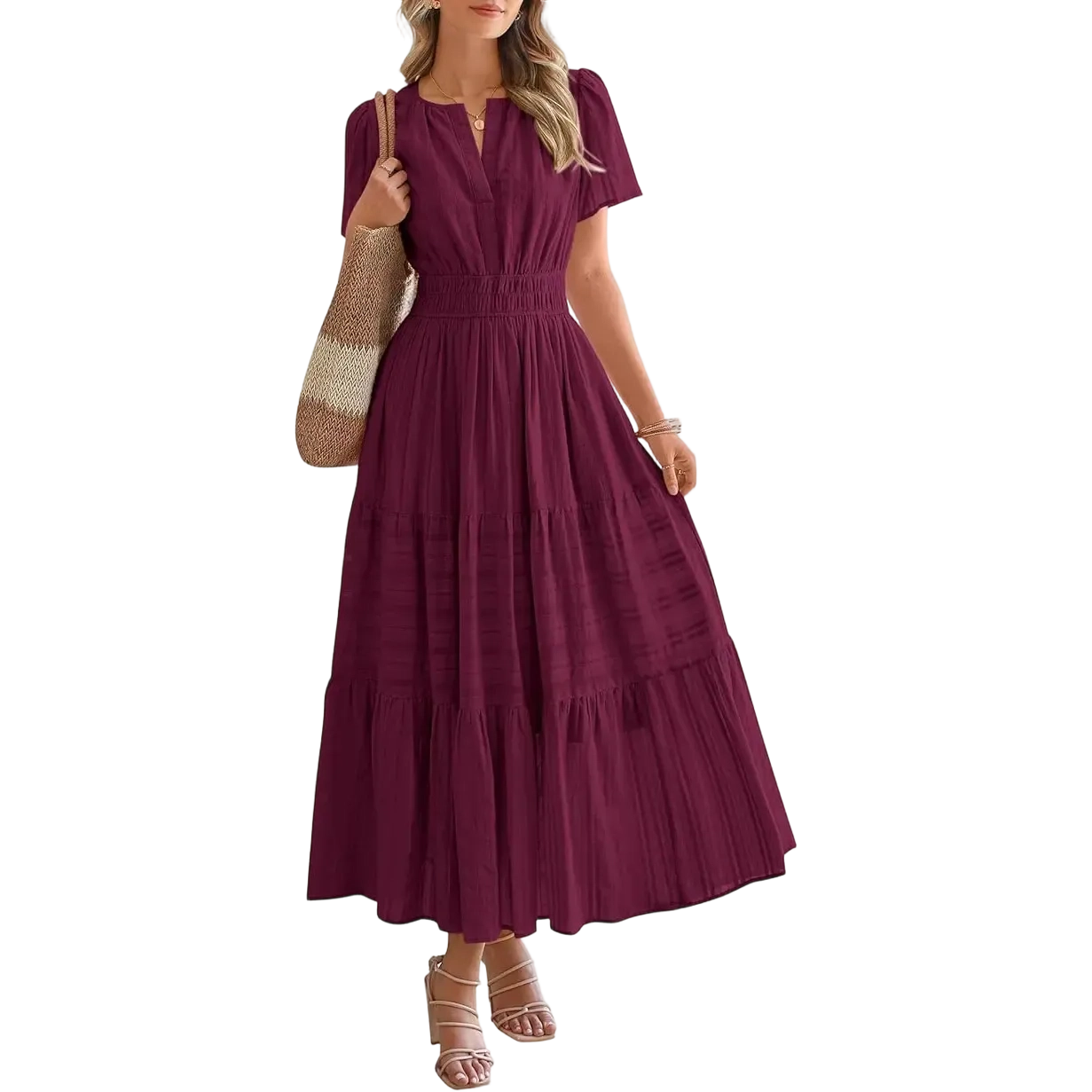 Women's Summer 2026 Casual Maxi Dress Lightweight Short Sleeve V Neck Boho Dress with Pockets