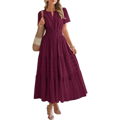 Women's Summer 2026 Casual Maxi Dress Lightweight Short Sleeve V Neck Boho Dress with Pockets