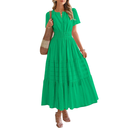 Women's Summer 2026 Casual Maxi Dress Lightweight Short Sleeve V Neck Boho Dress with Pockets