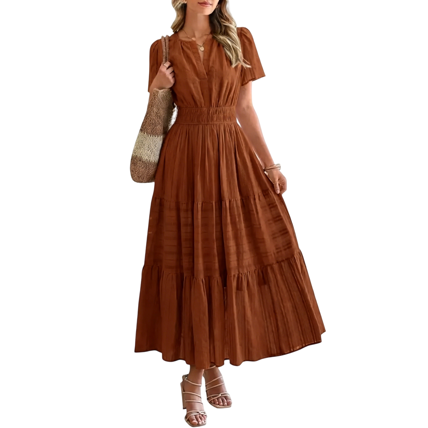 Women's Summer 2026 Casual Maxi Dress Lightweight Short Sleeve V Neck Boho Dress with Pockets