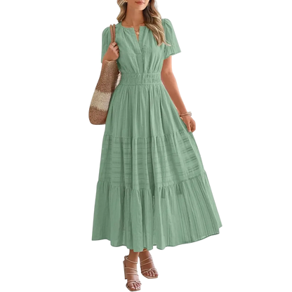 Women's Summer 2026 Casual Maxi Dress Lightweight Short Sleeve V Neck Boho Dress with Pockets