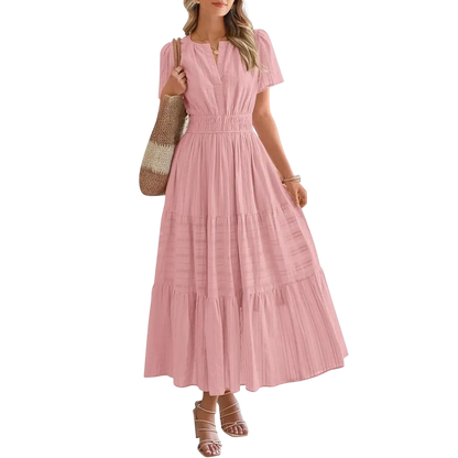 Women's Summer 2026 Casual Maxi Dress Lightweight Short Sleeve V Neck Boho Dress with Pockets
