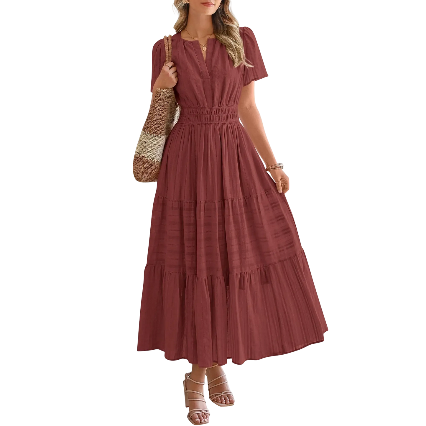 Women's Summer 2026 Casual Maxi Dress Lightweight Short Sleeve V Neck Boho Dress with Pockets