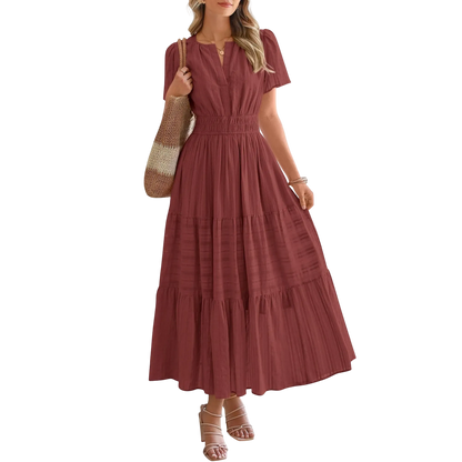 Women's Summer 2026 Casual Maxi Dress Lightweight Short Sleeve V Neck Boho Dress with Pockets