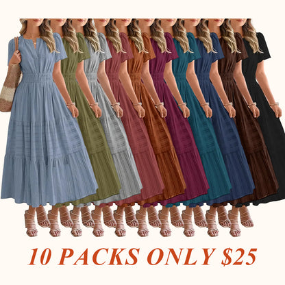 Women's Summer 2026 Casual Maxi Dress Lightweight Short Sleeve V Neck Boho Dress with Pockets