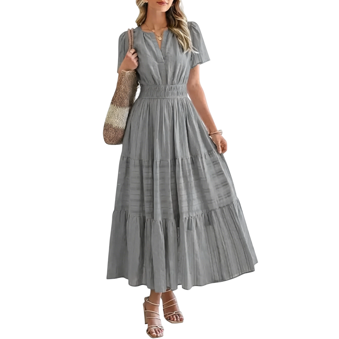 Women's Summer 2026 Casual Maxi Dress Lightweight Short Sleeve V Neck Boho Dress with Pockets