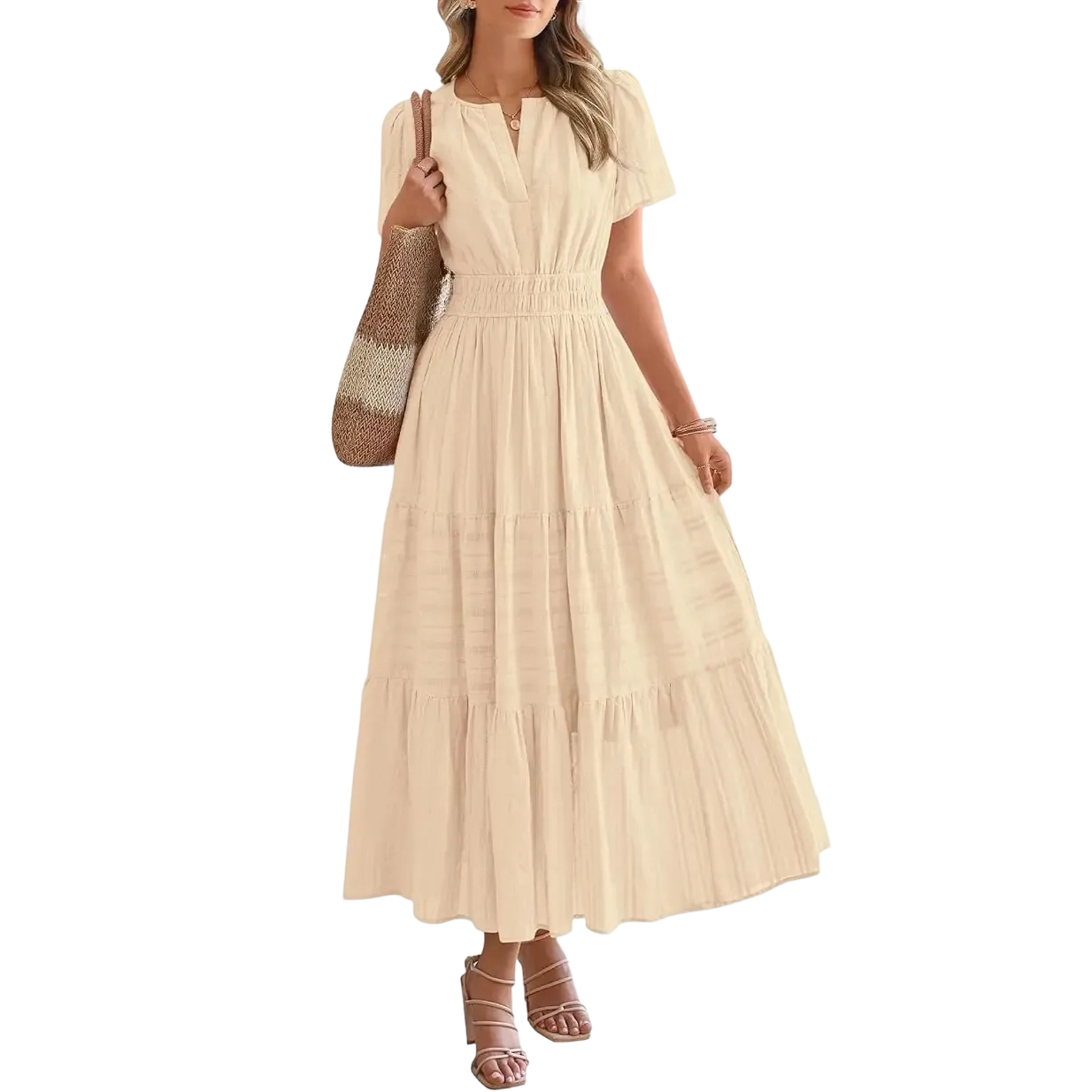 Women's Summer 2026 Casual Maxi Dress Lightweight Short Sleeve V Neck Boho Dress with Pockets