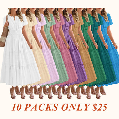 Women's Summer 2026 Casual Maxi Dress Lightweight Short Sleeve V Neck Boho Dress with Pockets