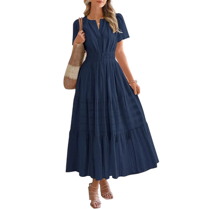 Women's Summer 2026 Casual Maxi Dress Lightweight Short Sleeve V Neck Boho Dress with Pockets