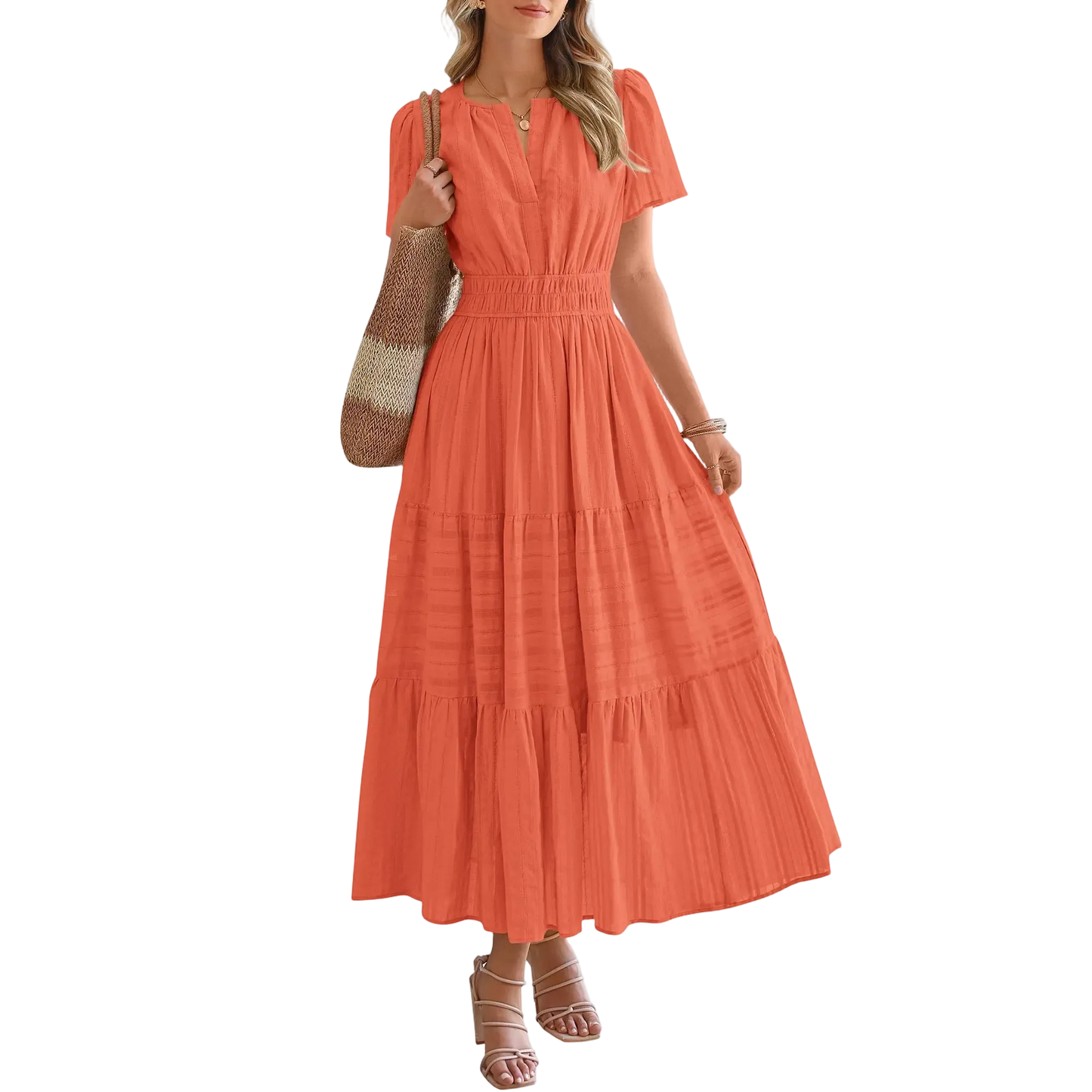 Women's Summer 2026 Casual Maxi Dress Lightweight Short Sleeve V Neck Boho Dress with Pockets